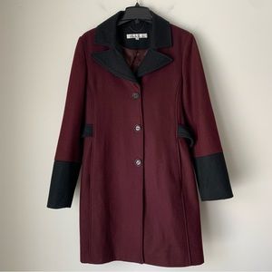 KENNETH Cole Wool Blend Burgundy Black long dress coat Size 12